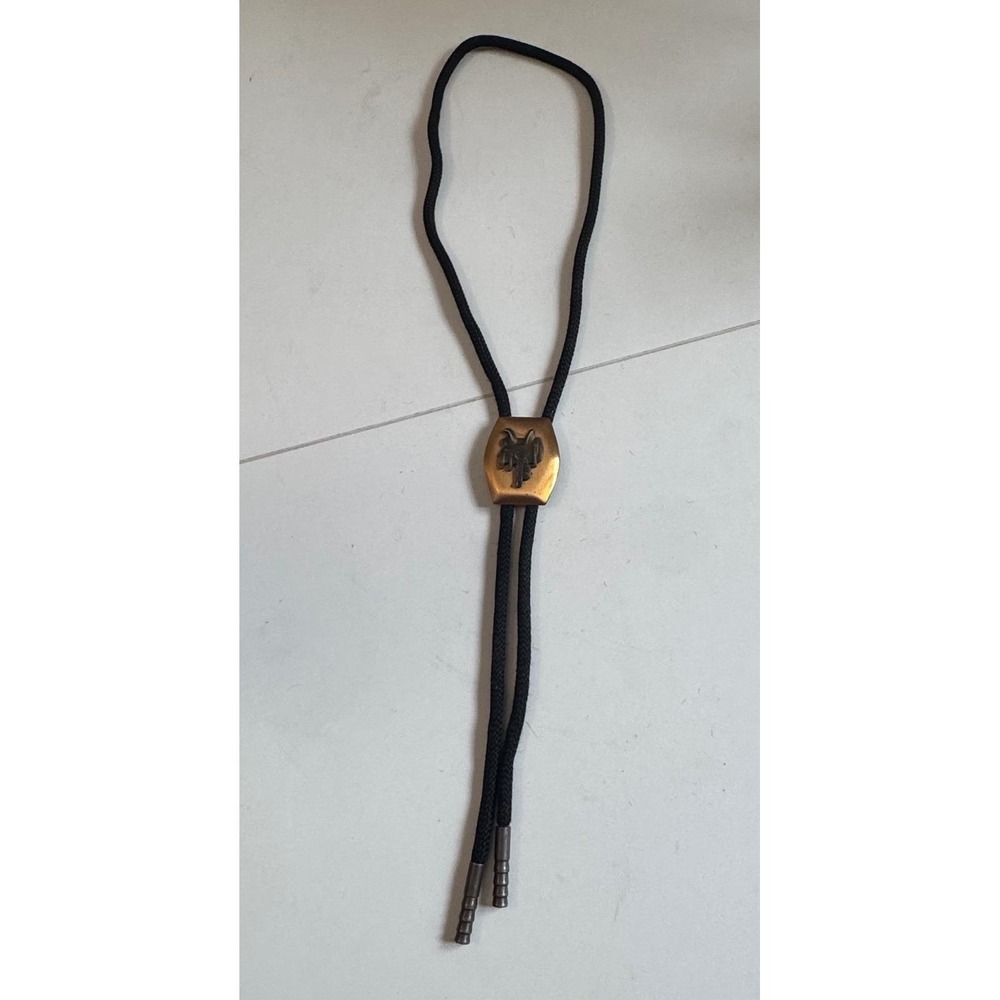 Vintage Western Copper Saddle Bolo Tie Shield Black Braided Cord Cowboy Tie - Picture 4 of 8